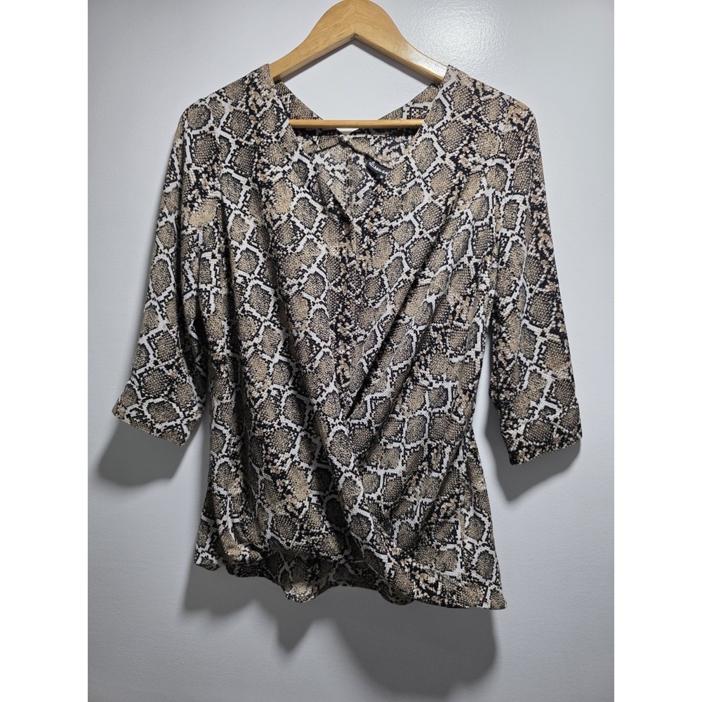 Alison Andrew Womens Blouse Snakeskin Print 3/4 Sleeve Size S V-Neck Button Up